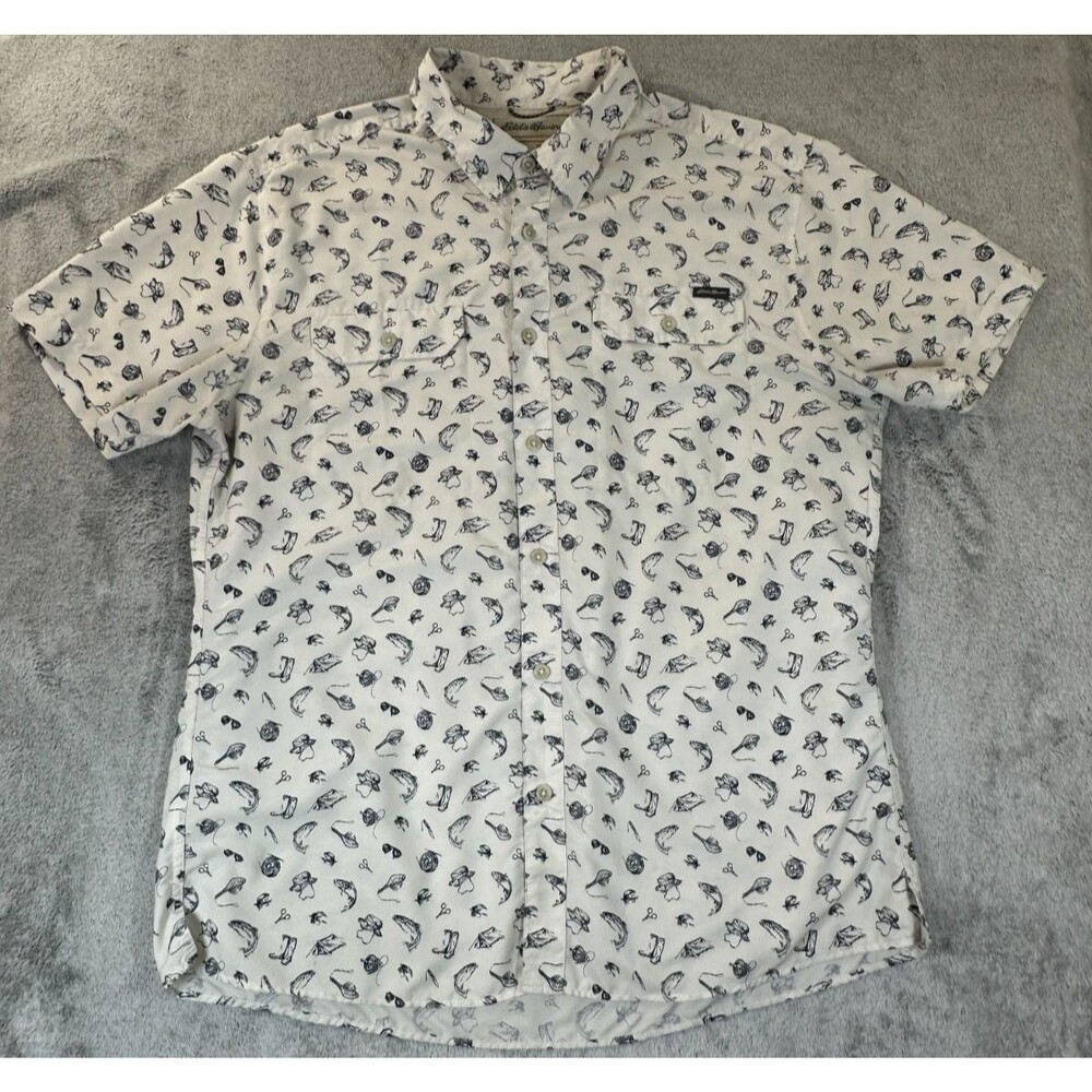 Eddie Bauer Fishing Shirt Mens L Classic Fit Beige Fly Print Button Up